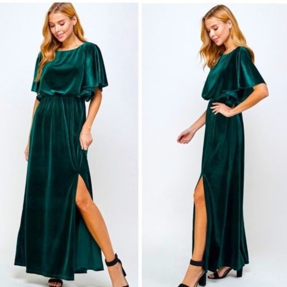 Emerald Green Velvet Caped Flutter Sleeve Formal Maxi Dress - Picture 2 of 3